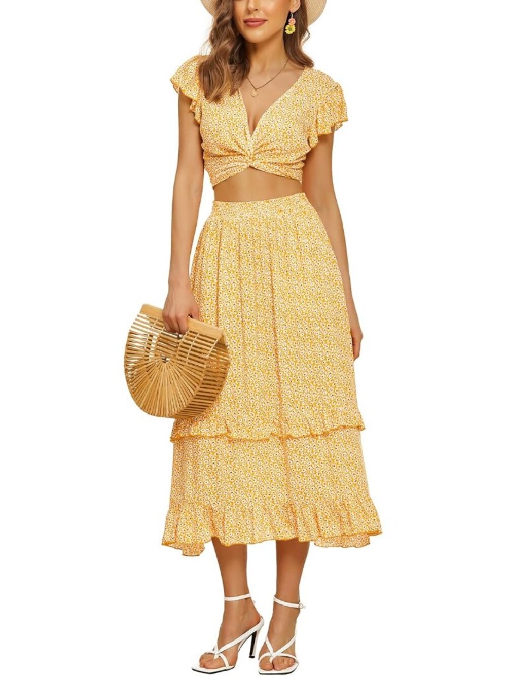 Yellow Floral Two-Piece Outfit With Crop Top & Ruffle Midi Skirt Summer Style Si